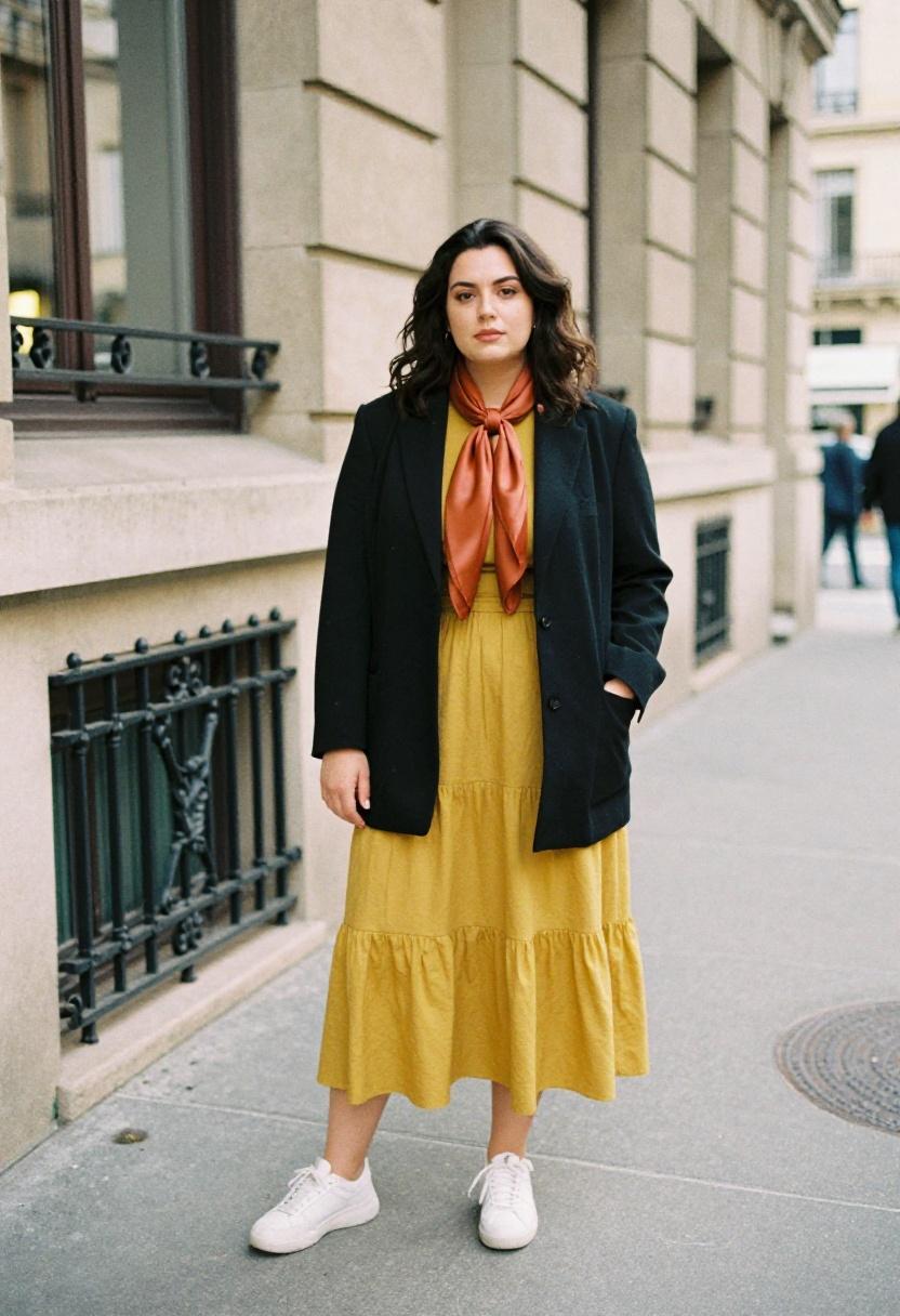 Mustard tiered midi skirt with black blazer for urban spring style