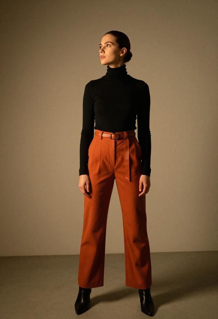 Terracotta wide-leg belted trousers with black turtleneck for bold editorial office look