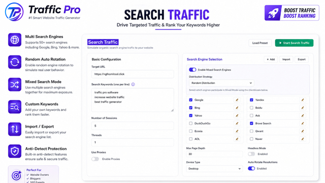 Traffic Pro campaign manager interface with campaign creation and monitoring tools