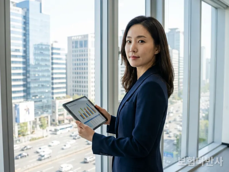 30대 한국인이 도시 전경이 보이는 밝은 현대식 사무실에서 태블릿으로 금융 차트를 보며 자신감 있는 모습