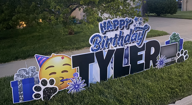 Mini Display yard sign example – Happy Birthday with name, present, cupcake, and decorative graphics