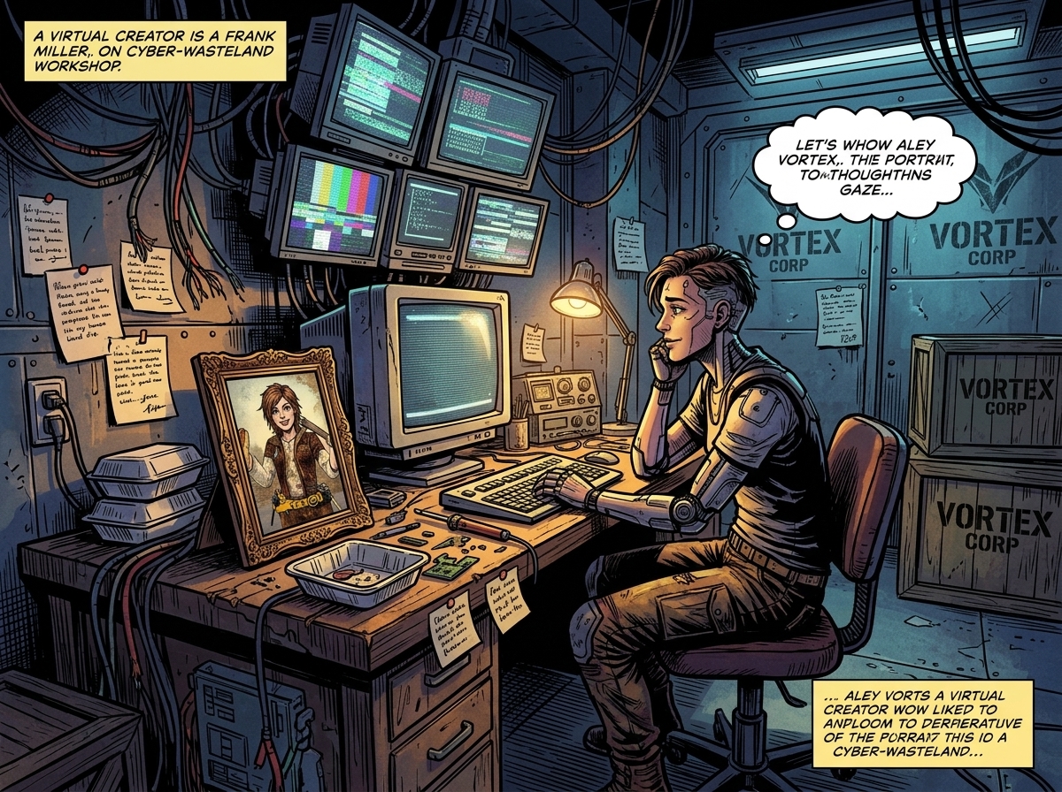 The 20-year dilemma: Fragmented 2D web stores and creator burnout, with Aley Vortex portrait on the workshop desk