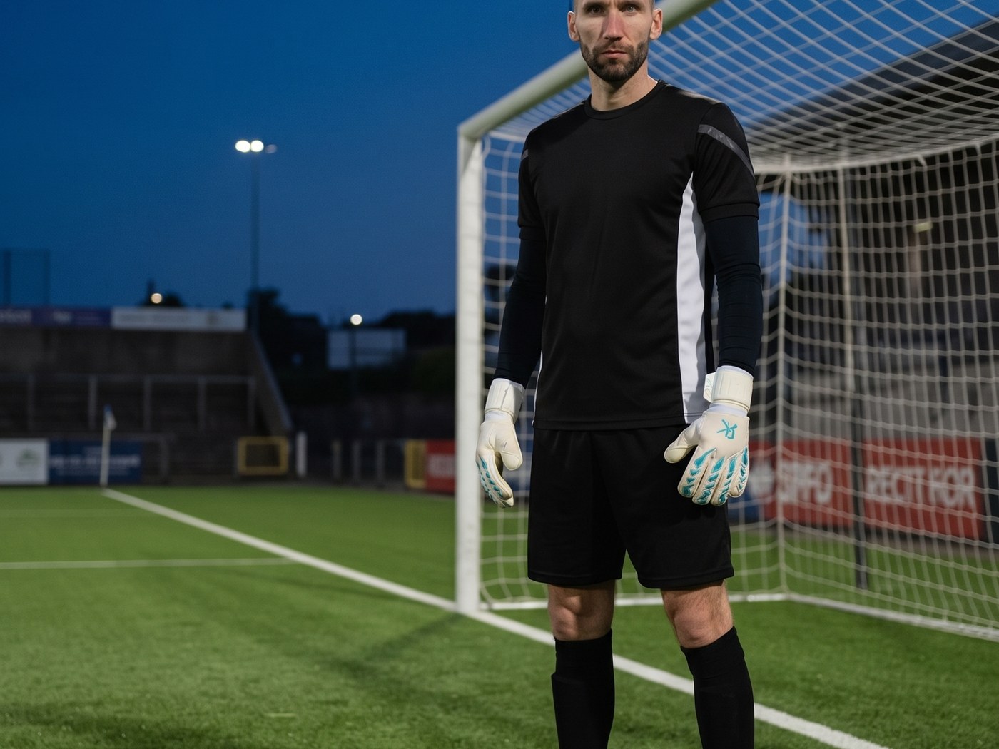 Goalkeeper standing alone in his goal before kick-off, eyes up and level, completely still