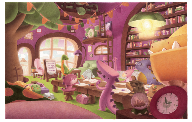 Colored-pencil illustration by Arthur Congnard of a cozy dinosaur bedroom