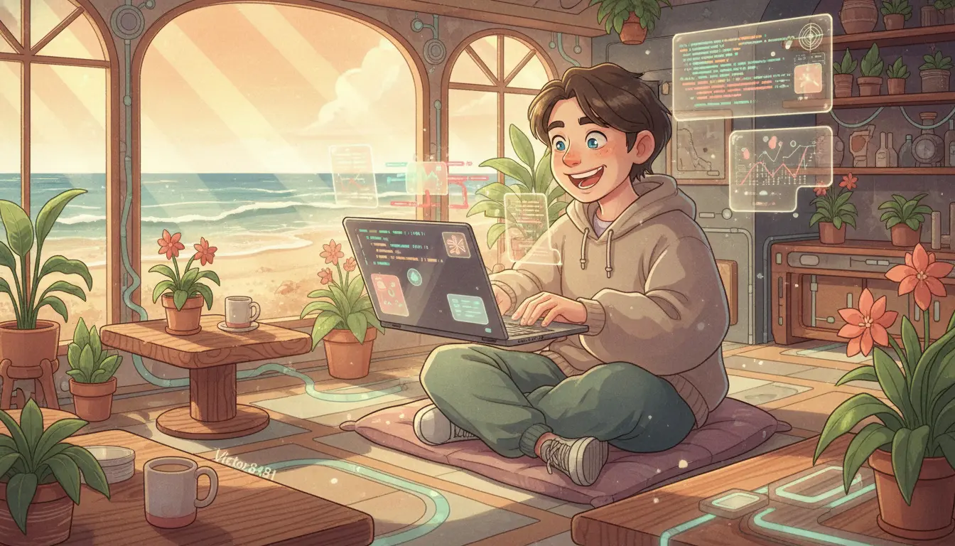 클로드 코드로 생성된 다채로운 HTML 시각화 결과물을 살펴보며 즐거워하는 디지털 노마드의 모습