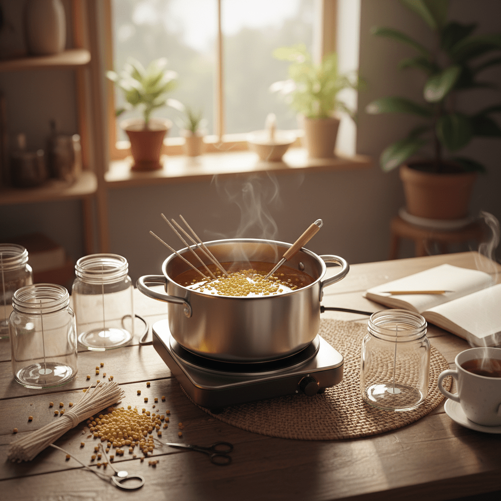 Cozy candle making setup with beeswax supplies