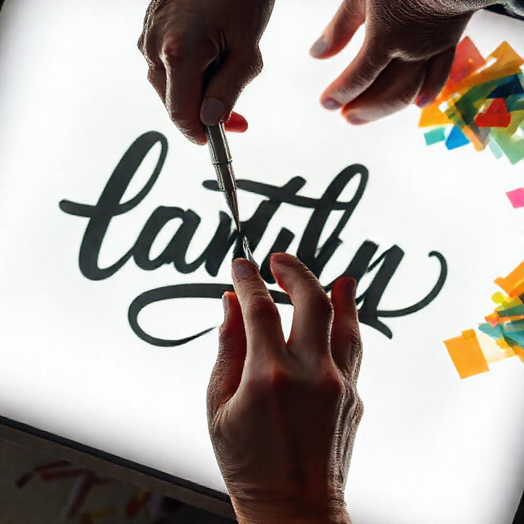 Hands weeding layered script vinyl design on light box with tools