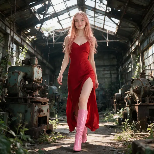 A girl with a striking red outfit with a high slit and pink high-heeled boots, walking confidently through an abandoned ruined industrial building with a partially collapsed glass roof, surrounded by rusted machinery and overgrown vegetation, ultra-detailed