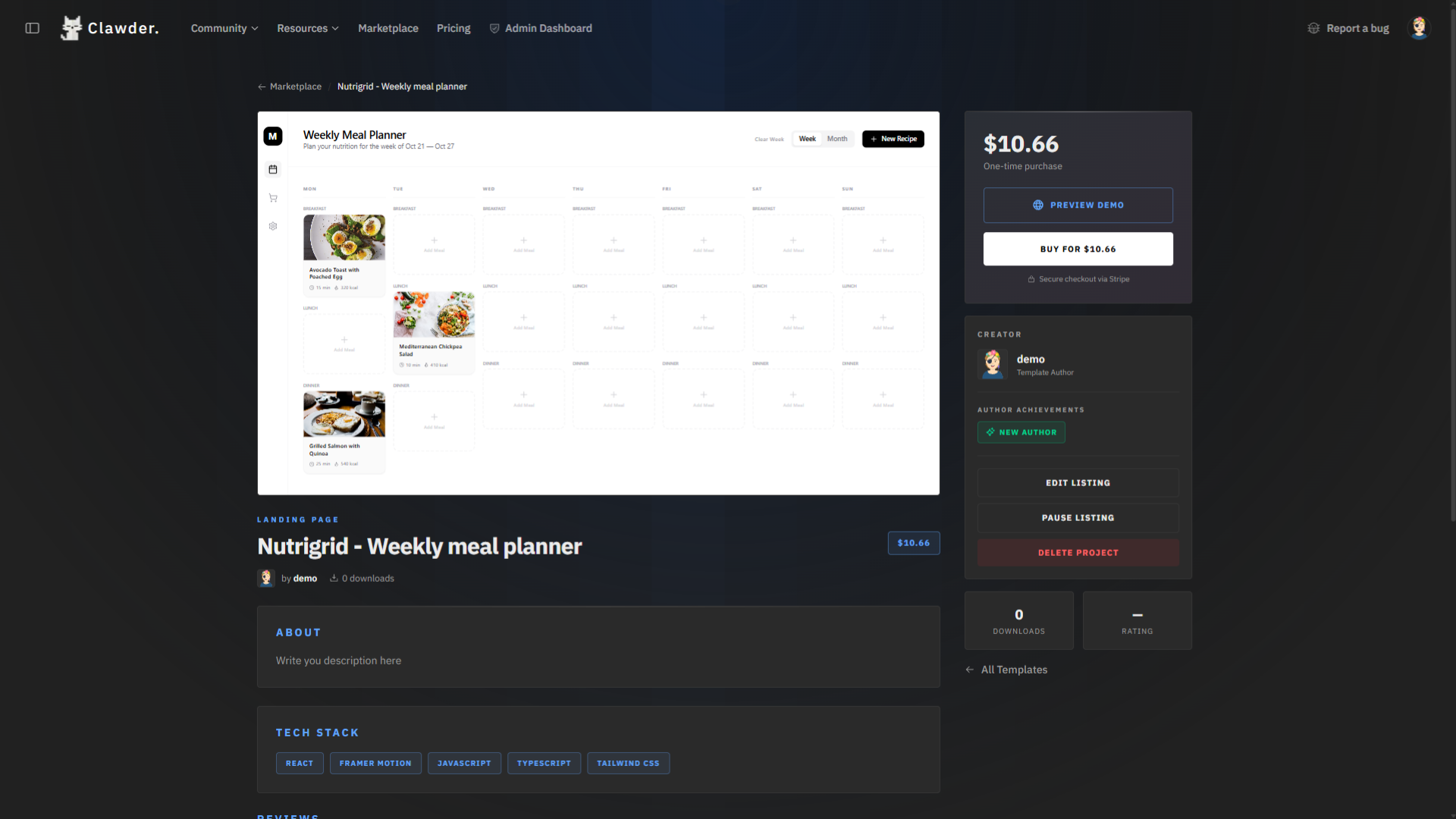Published project overview in the marketplace