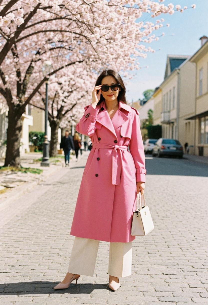 Fuchsia belted trench coat over cream wide-leg trousers for cherry blossom season