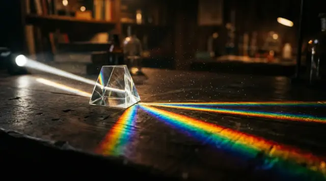 Glass prism splitting white light into vivid rainbow spectrum on dark wooden surface, scientific mood