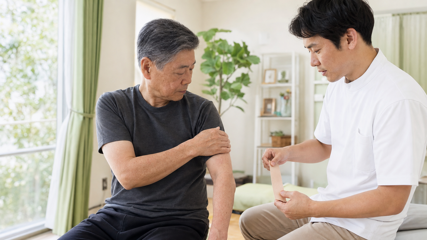 脳卒中後の肩の状態を確認しキネシオテープを準備するリハビリ場面