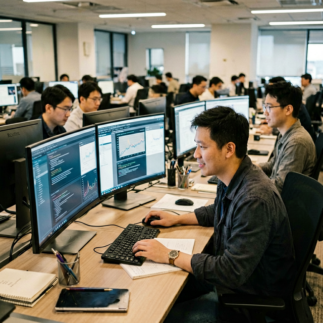 Software developer working at multiple computer screens in a modern open plan tech office, team of programmers collaborating, documentary ne