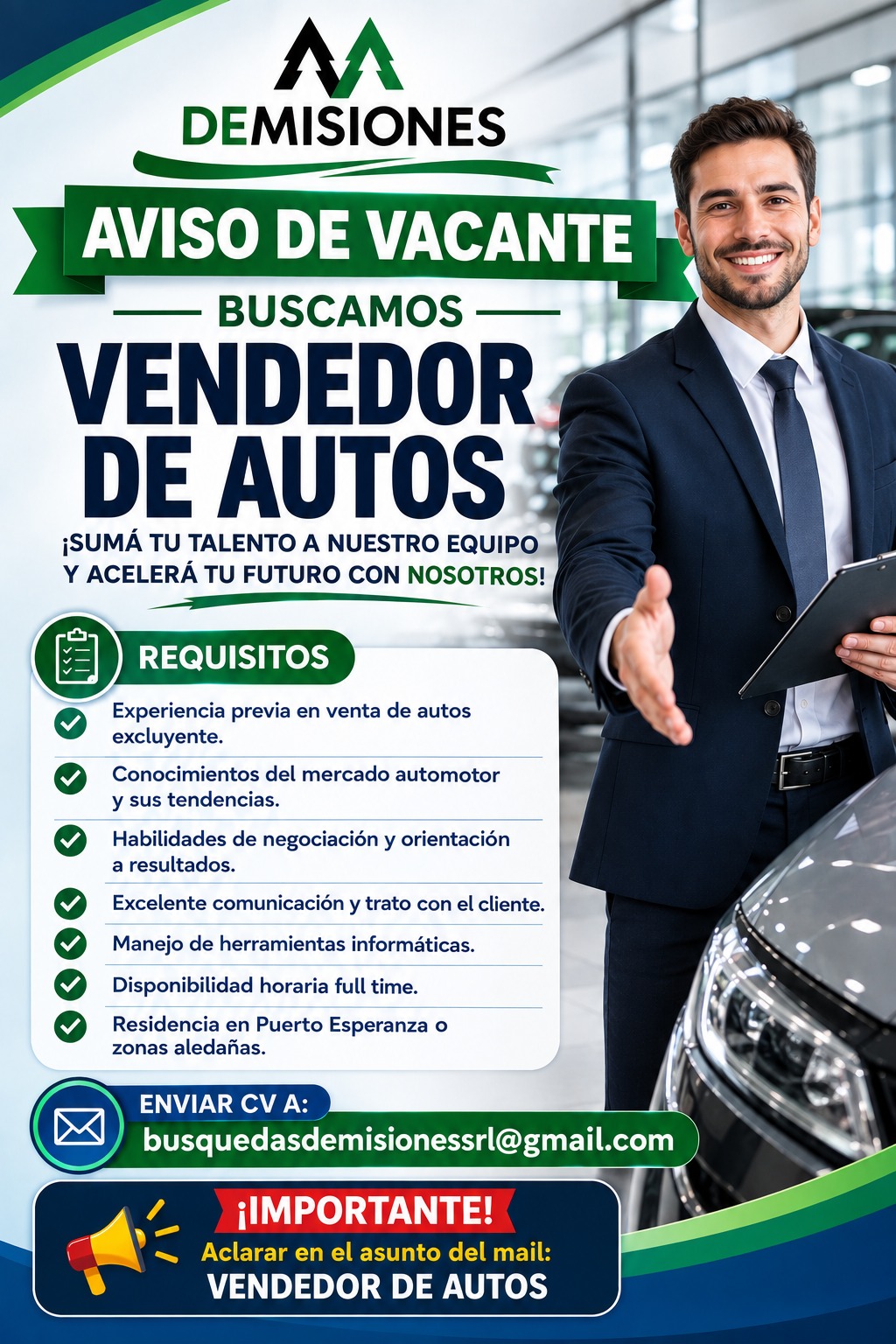 Se Busca Vendedor de Autos en Puerto Esperanza
