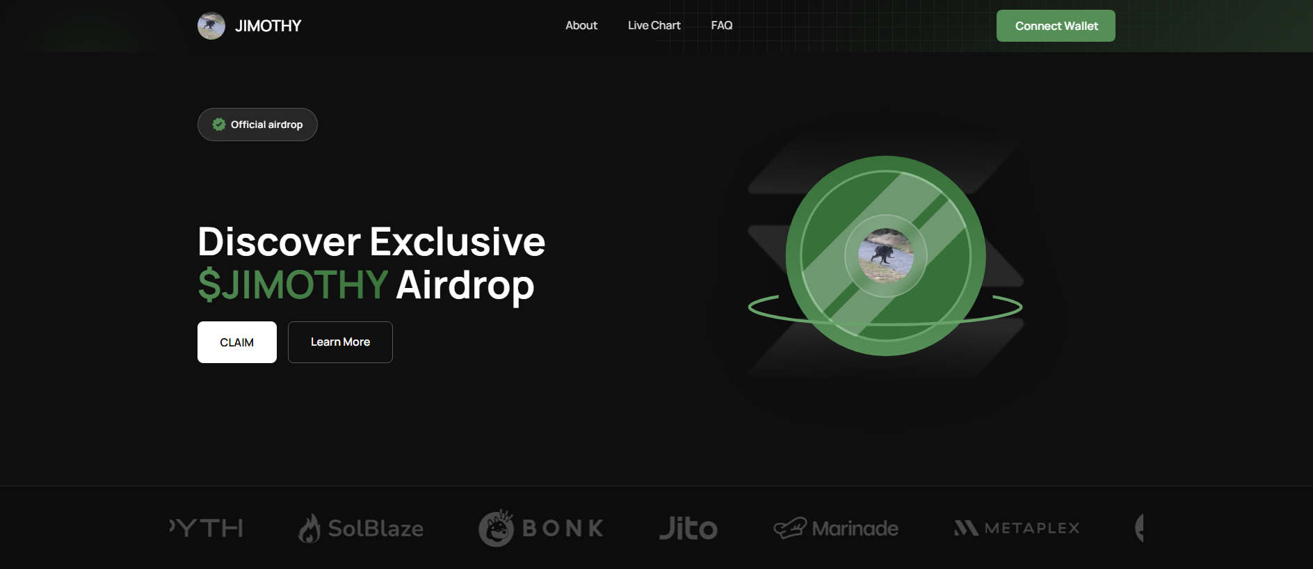 Forensic screenshot of jimothycoin.live showing the phishing page layout