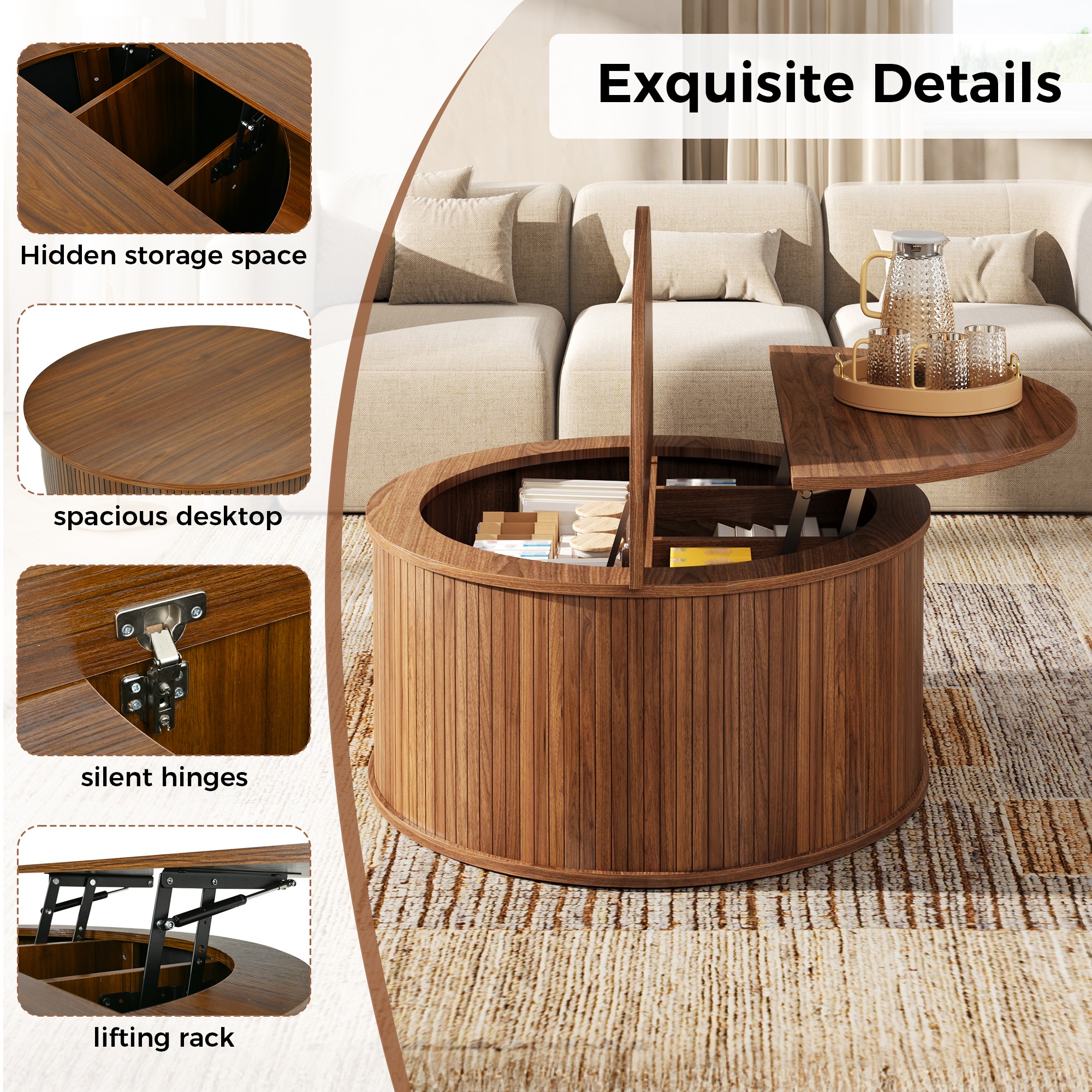 Table Basse Noyer, Rangement, Étagères Réglables, Plan Relevable, Design Moderne, Angles Arrondis - Panneau composite de fibres de bois à densité - 88x88x53.5cm - Salon 4