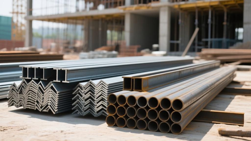 Mild steel structural materials MS plates angles channels round bars at construction site
