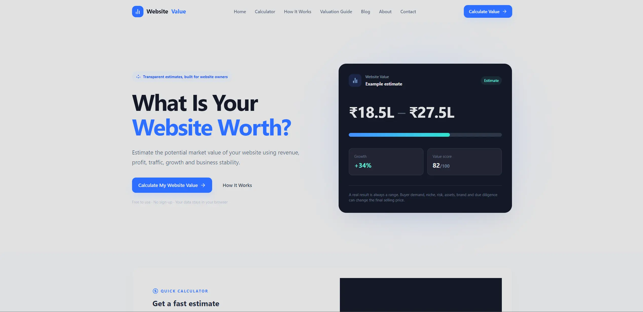 Screenshot of website value website front page.