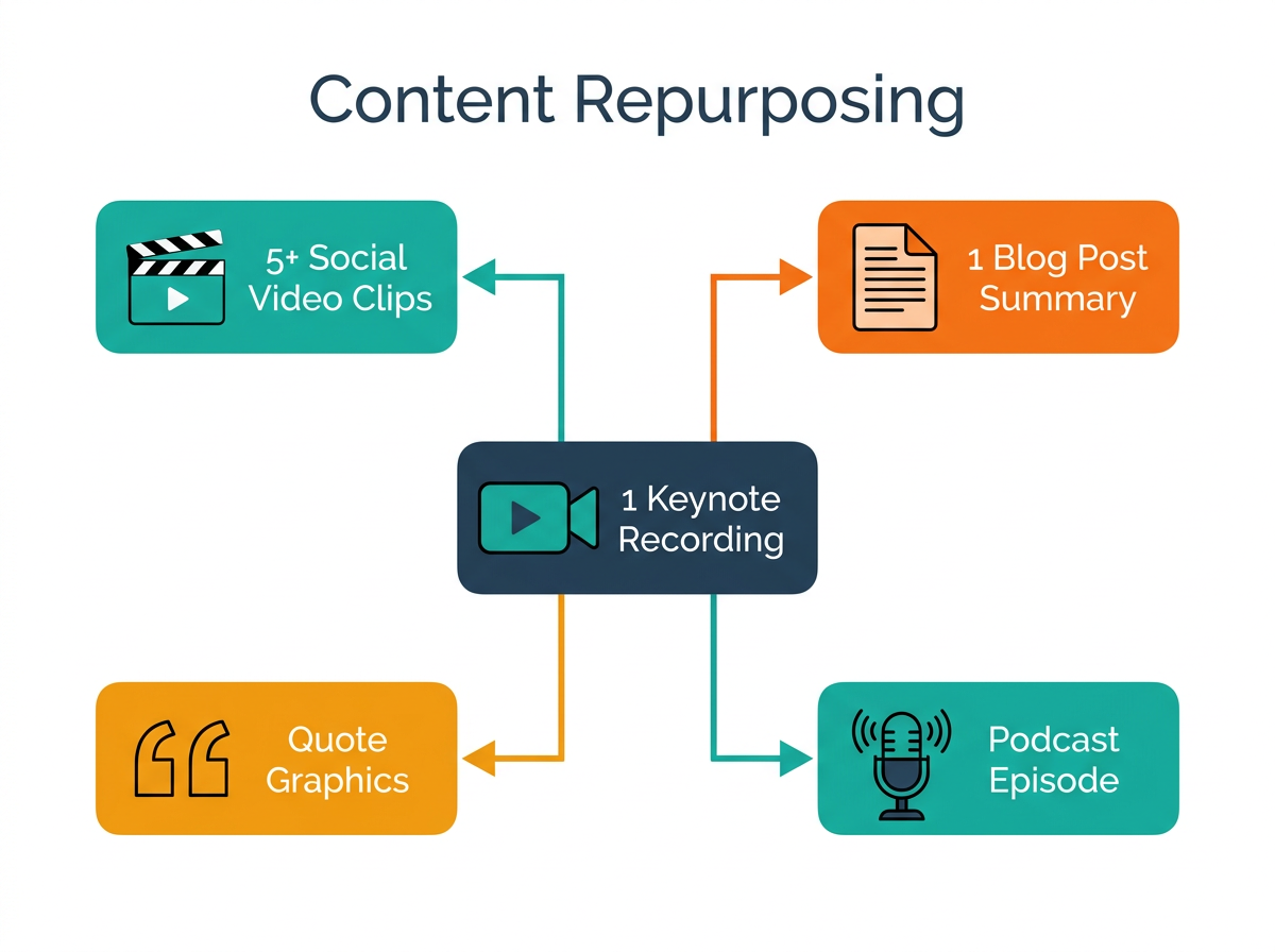Flowchart demonstrating how one event keynote recording can be repurposed into multiple content assets, including video clips, a blog post, quote graphics, and a podcast episode.