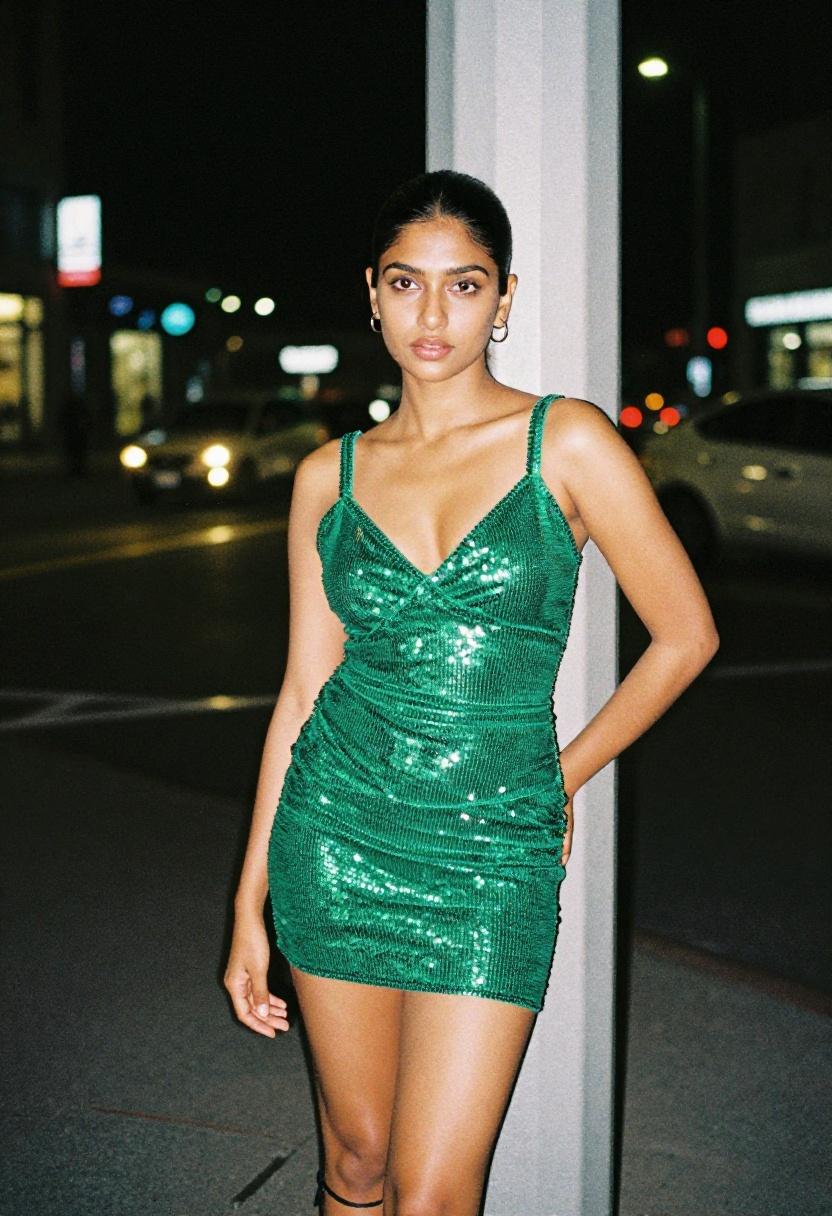 Emerald green sequined mini dress with ruched detailing for petite R&B night out