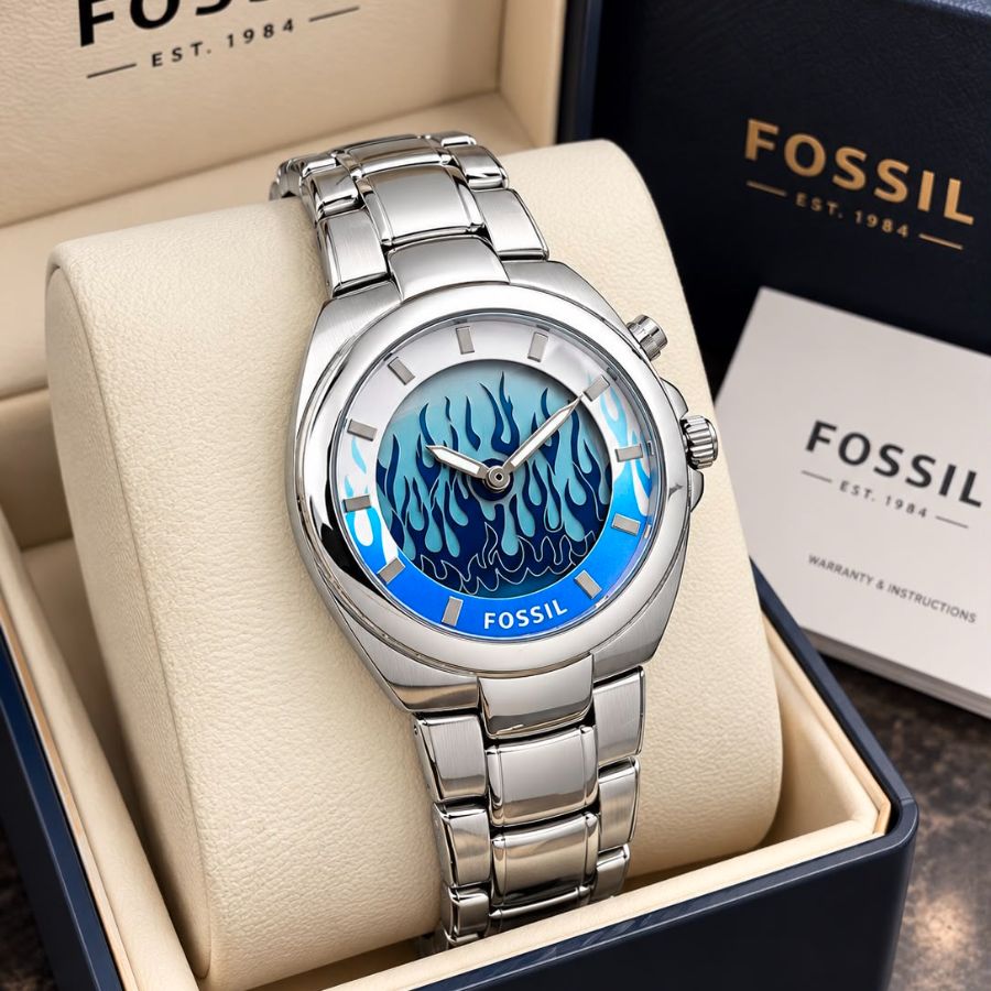 Fossil premium men's blue flame dial watch with watch box