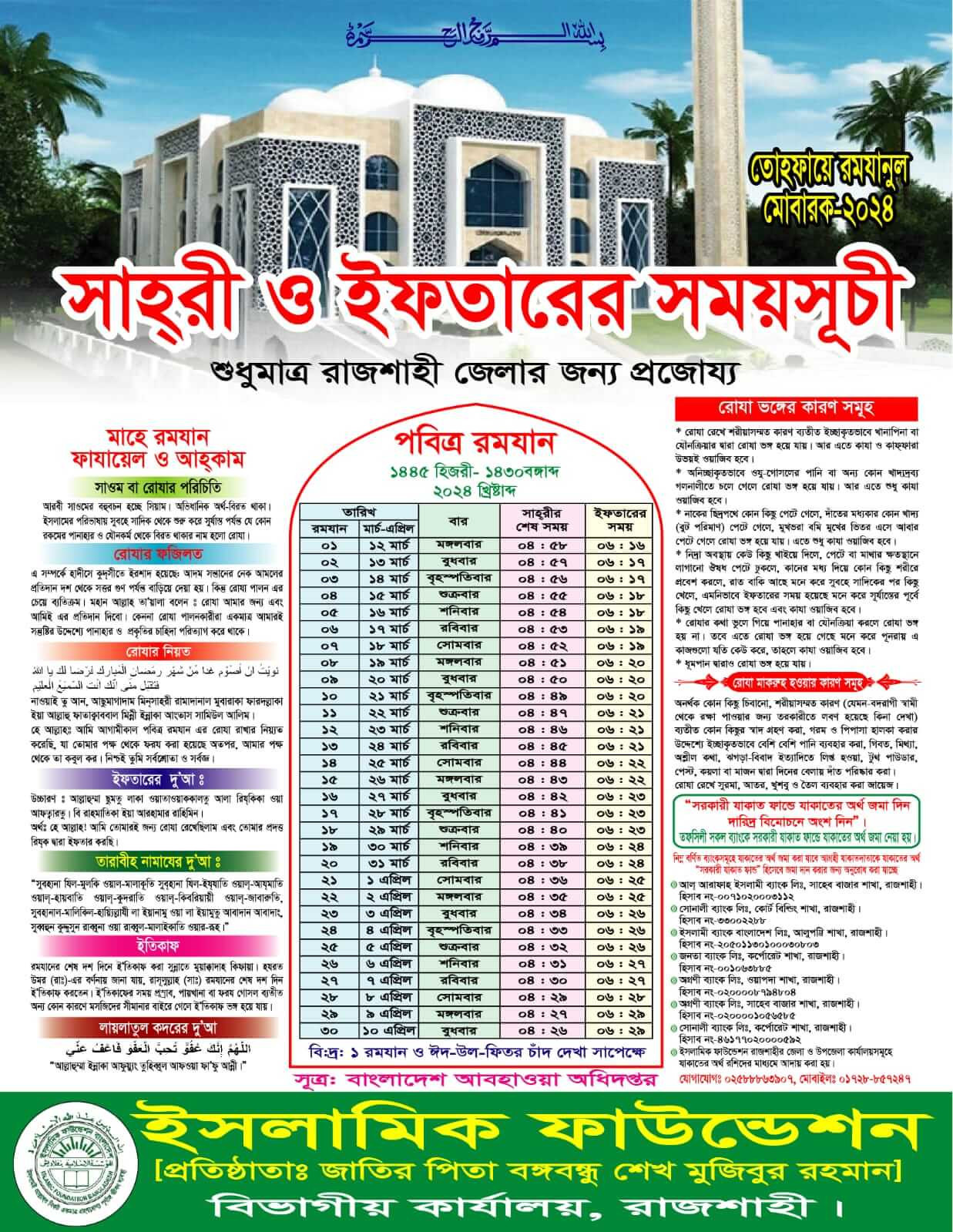 রাজশাহী জেলার আজকের সেহরি ও ইফতারের সময়সূচি ২০২৪ রাজশাহী অঞ্চলের রোজার সেহরি ও ইফতারের সময়সূচি