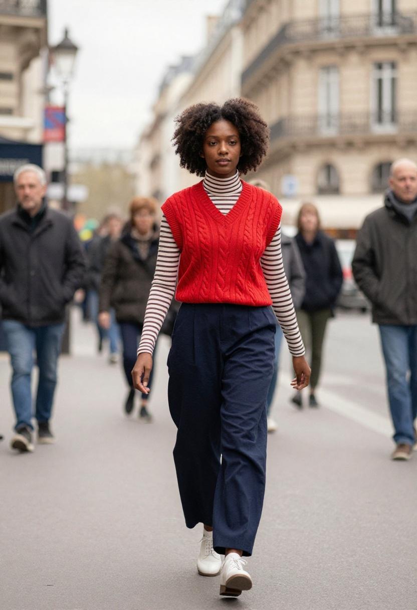 Cherry red cable-knit sweater vest over striped turtleneck, bold preppy statement on Parisian streets