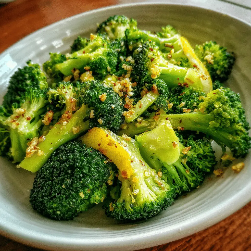 Close-up of roasted broccoli florets drizzled with lemon juice and garlic, served on a baking tray as a healthy, flavorful side dish.