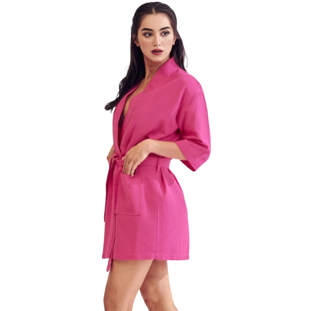 Women's Short Cotton Blend Waffle Kimono Hot Pink Bathrobe (Small/ Medium) view 3