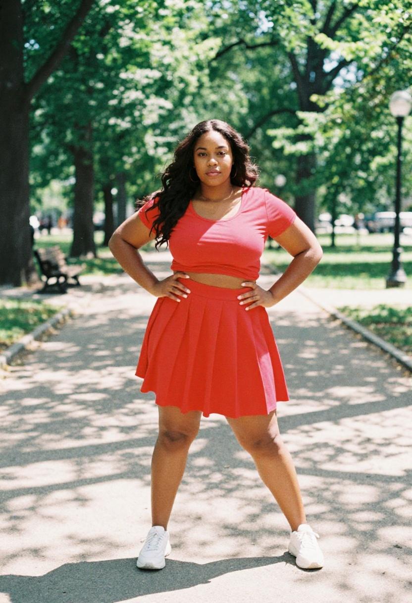 Plus size woman in cherry red pleated mini skirt and graphic crop top in a park