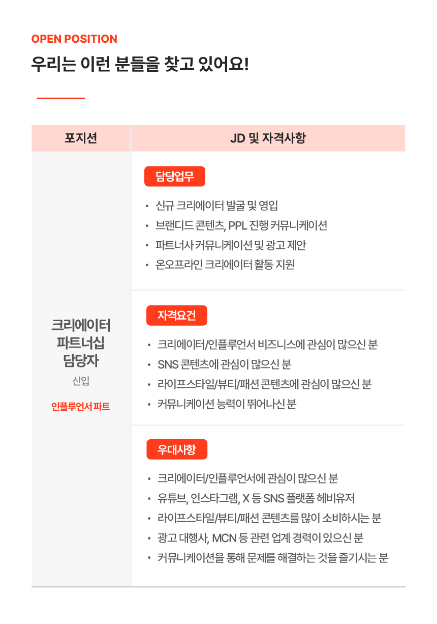 크리에이터 파트너십 담당자 (신입)