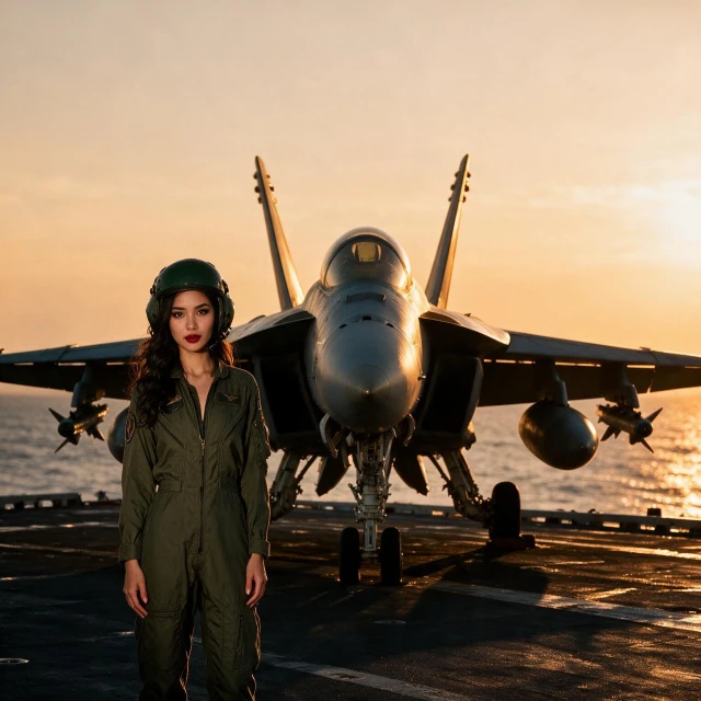 silhouetted front view of a military jet parked on an aircraft carrier. The scene is bathed in warm, orange-gold light, like a sunset. The jet is centered in the frame, facing the camera head-on, with its landing gear extended. Its wings are slightly banked outwards, and auxiliary fuel tanks or missiles are visible beneath them. A girl with hair in loose waves, dramatic smoky eyeshadow and red lipstick, wearing an olive-colored pilot's uniform and a matching helmet, stands in the foreground, slightly to the left of the fighter jet, clearly visible, illuminated by a spotlight on the aircraft deck.