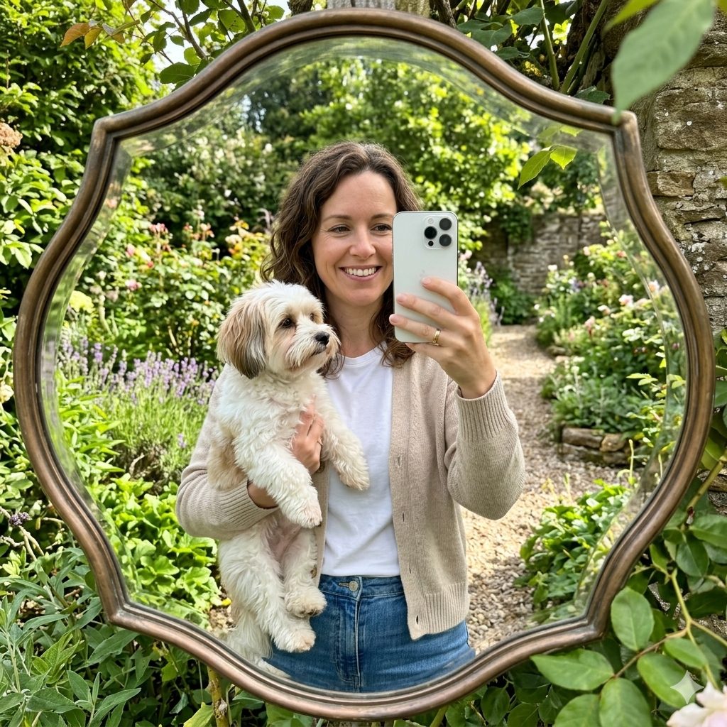 Garden Mirror Selfie Prompt – Woman with Dog & Outdoor Floral Reflectionc Copy Paste Ai Prompt