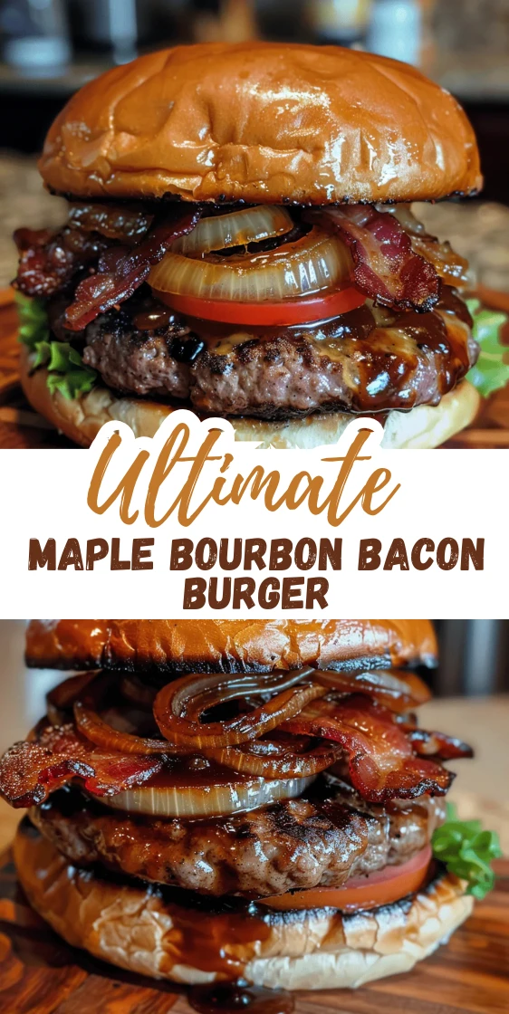 Juicy Maple Bourbon BBQ Bacon Burger with Caramelized Onions