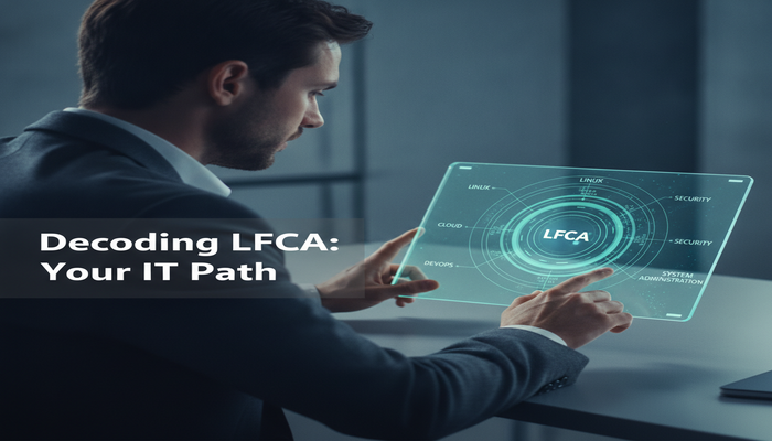 Decoding LFCA: Your IT Path A focused individual interacting with a holographic display showing a foundational IT blueprint covering Linux, Cloud, Security, and DevOps, representing the LFCA standard.