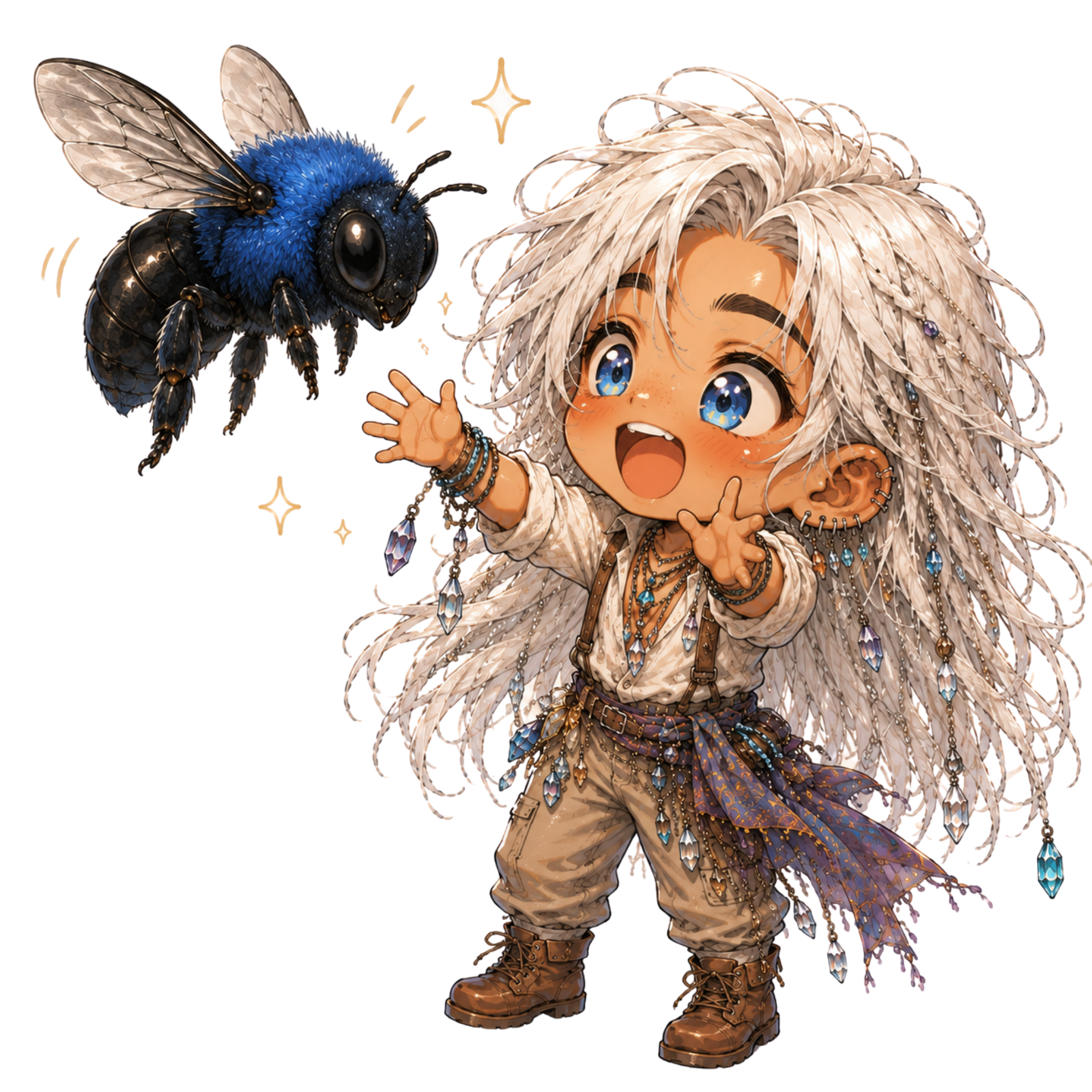 Chibi Landon reaching toward Mica the blue carpenter bee.