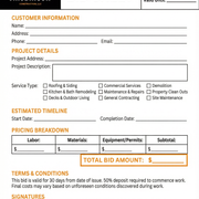 Project Bid Sheet