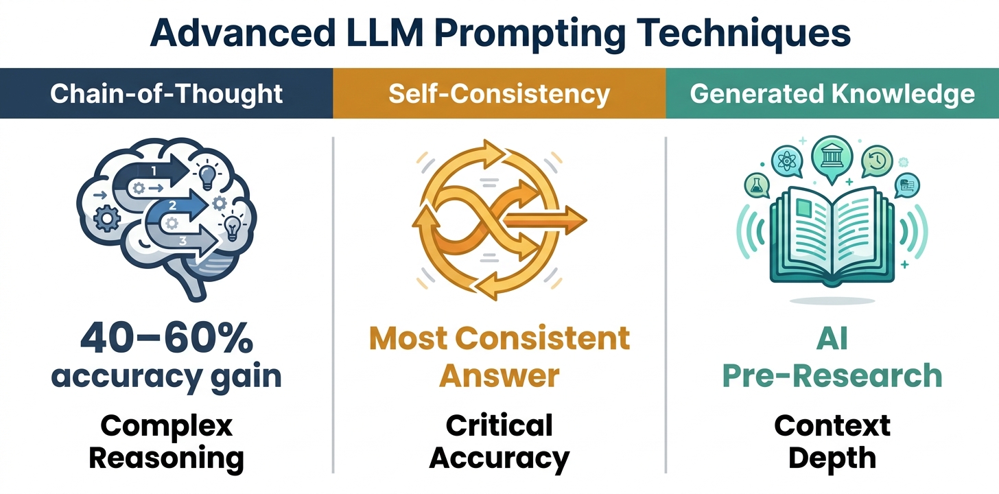 Side-by-side comparison diagram of three advanced LLM prompting techniques: Chain-of-Thought, Self-Consistency, and Generated Knowledge Prompting — with color-coded header bands and key stat callouts