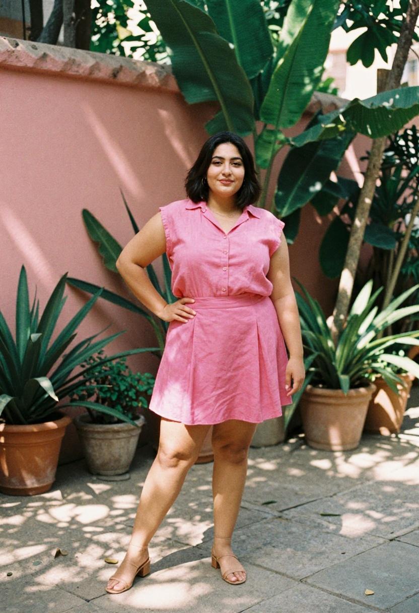 Plus size woman in fuchsia pleated mini skirt and linen blouse for polished breezy spring style