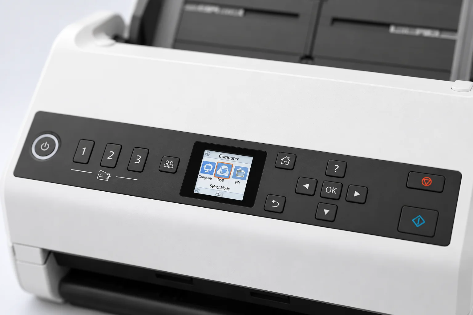 Epson WorkForce DS-730N A4 Duplex Auto Feed Document Scanner — control panel close-up