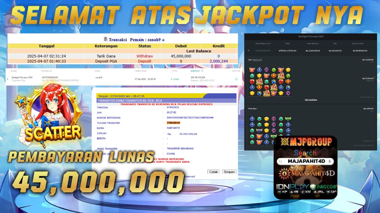 MAJAPAHIT4D JACKPOT STARLIGHT PRINCESS 1000 Rp.45.000.000.,- LUNAS