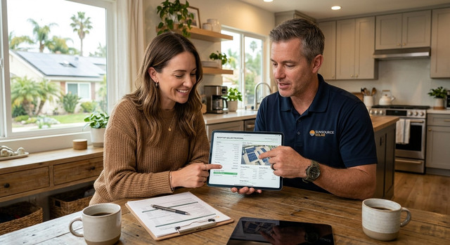 Homeowner reviewing a quote with an installer