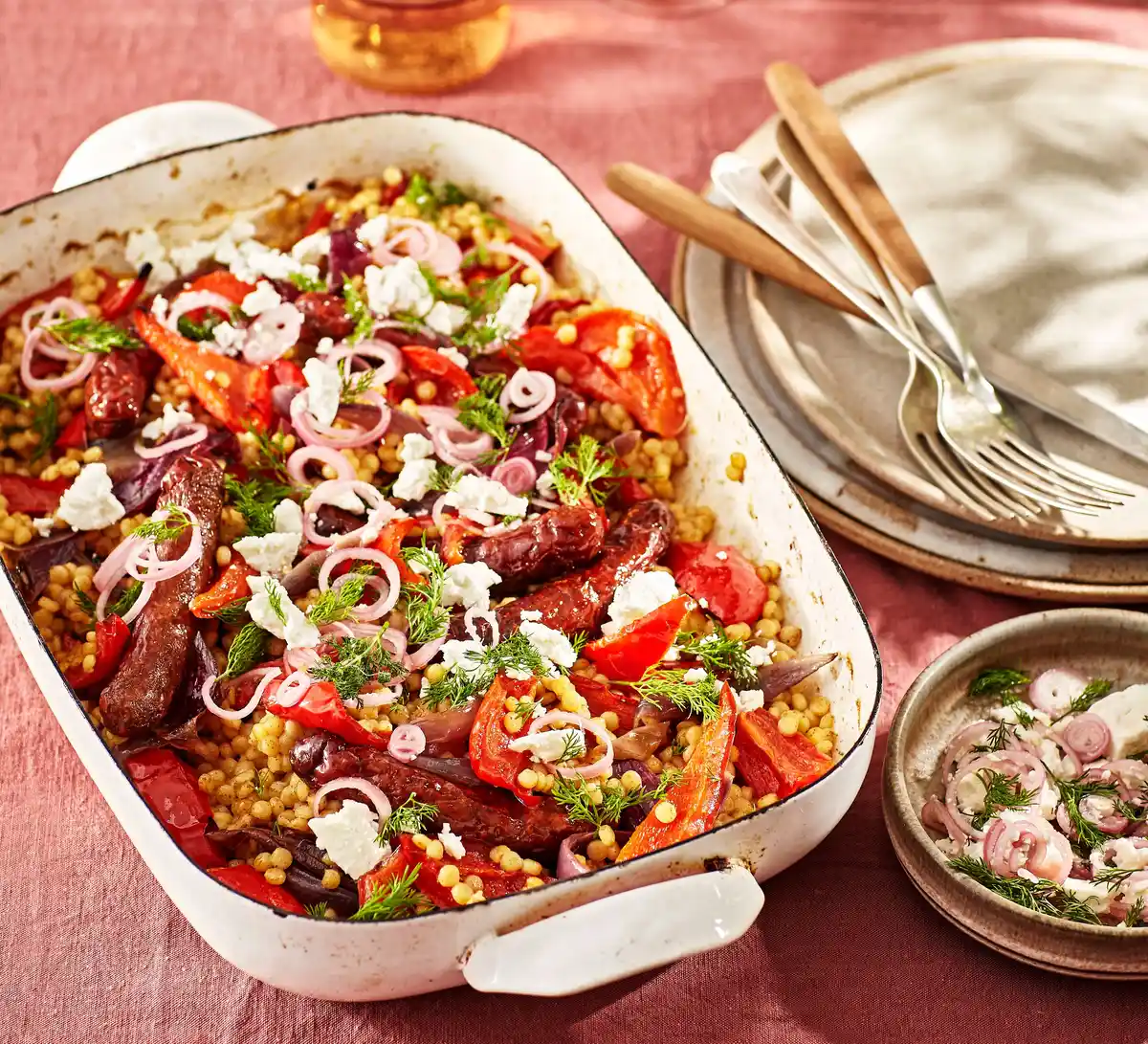 Roasted Red Pepper, Merguez & Giant Couscous Traybake