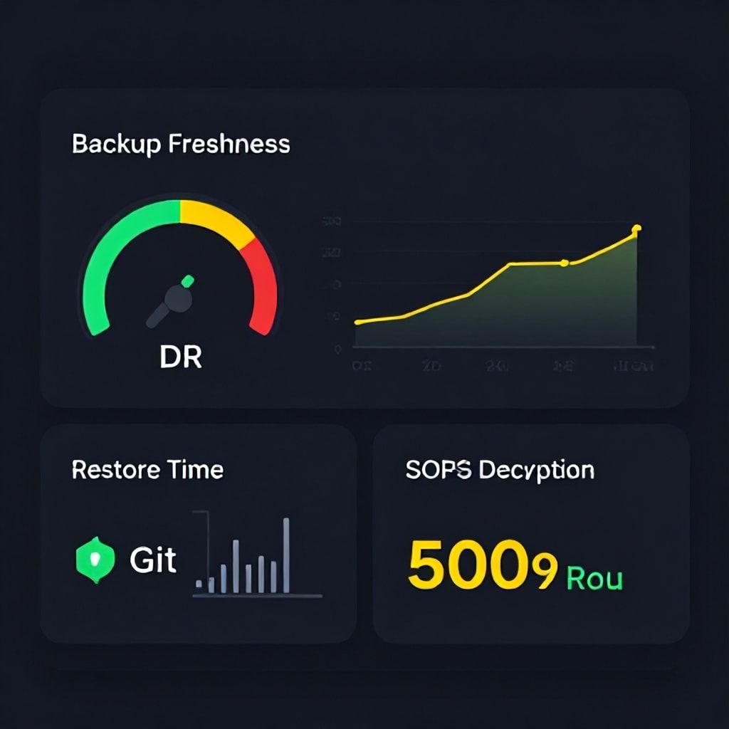 GitOps disaster recovery readiness dashboard with backup freshness, restore time, drift, and decryption metrics