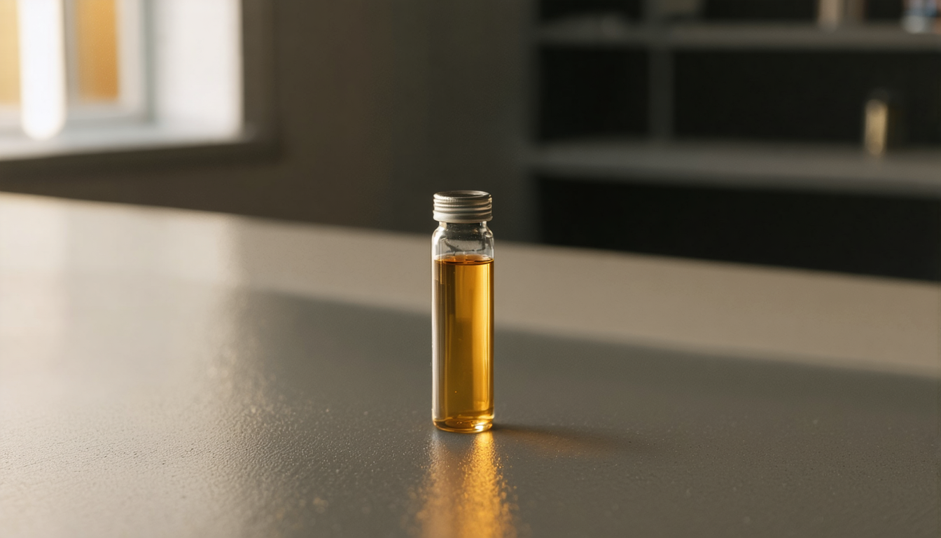 A softly lit laboratory bench at dawn with a single glass vial catching morning light through a window.