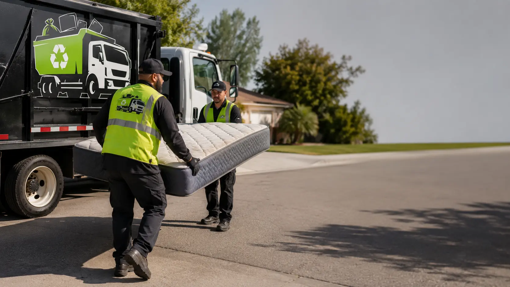 Mattress removal crew preparing same-day mattress pickup for a home cleanout in the United States