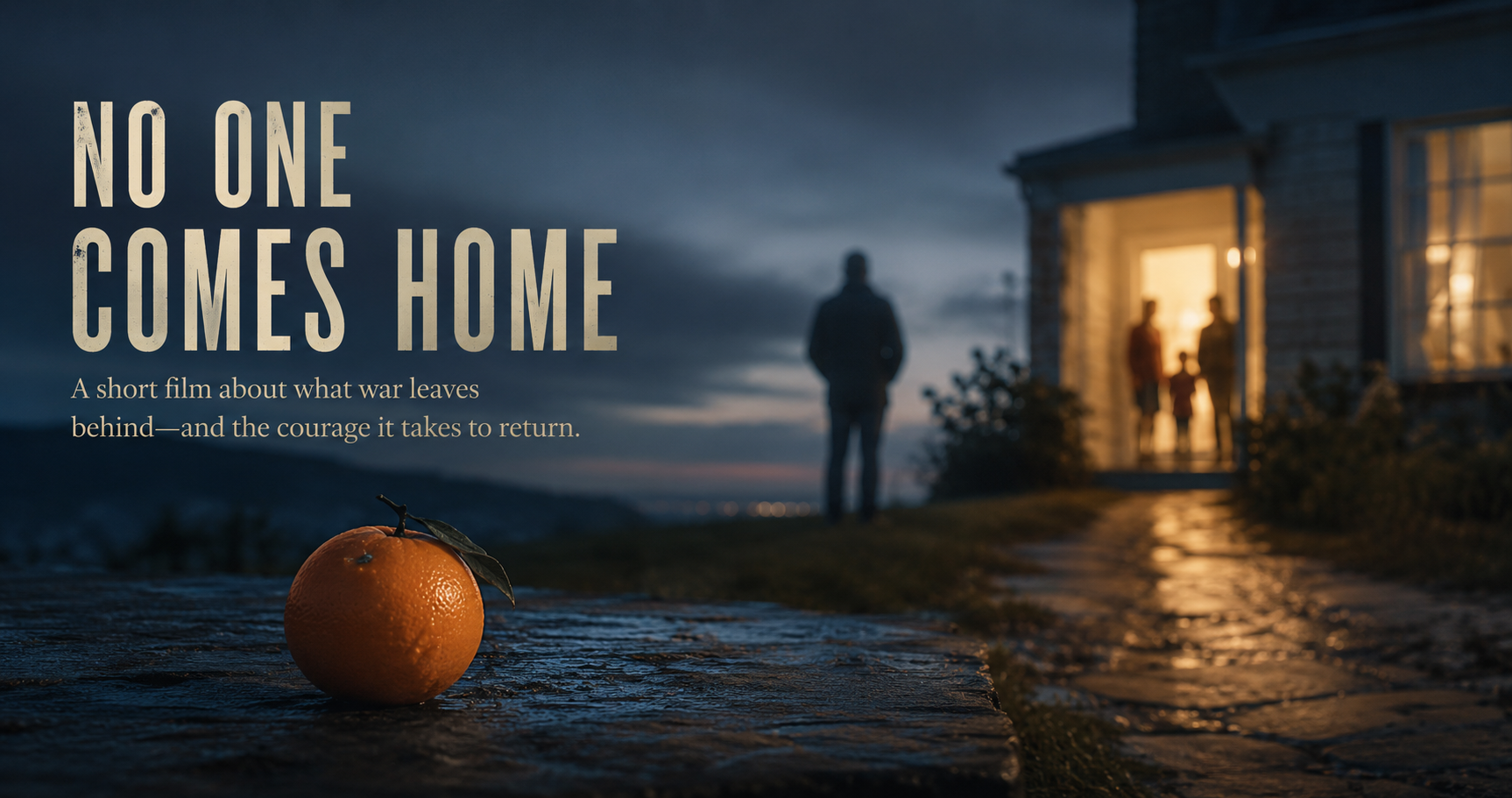 A lone figure standing between a vivid orange and the warm light of a family home at blue hour.