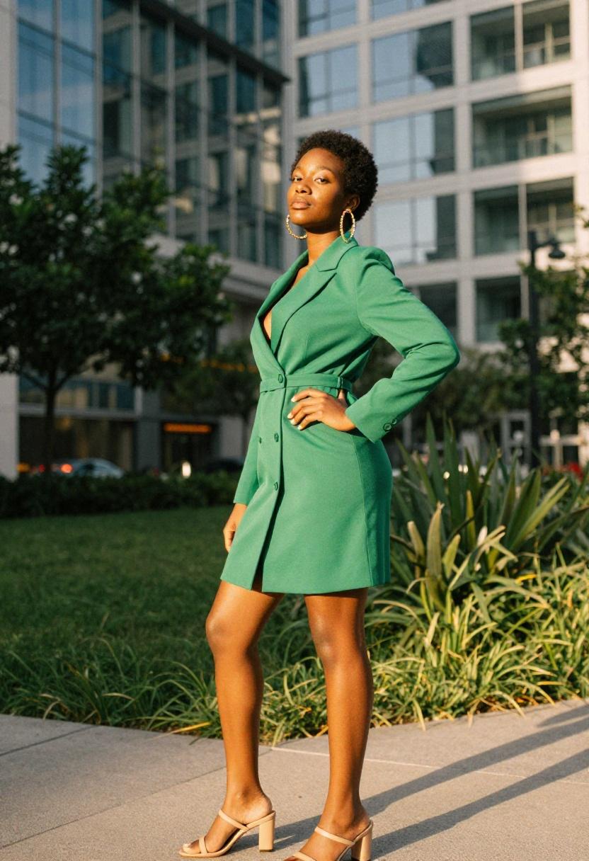Emerald green blazer dress in golden hour light for spring party confidence