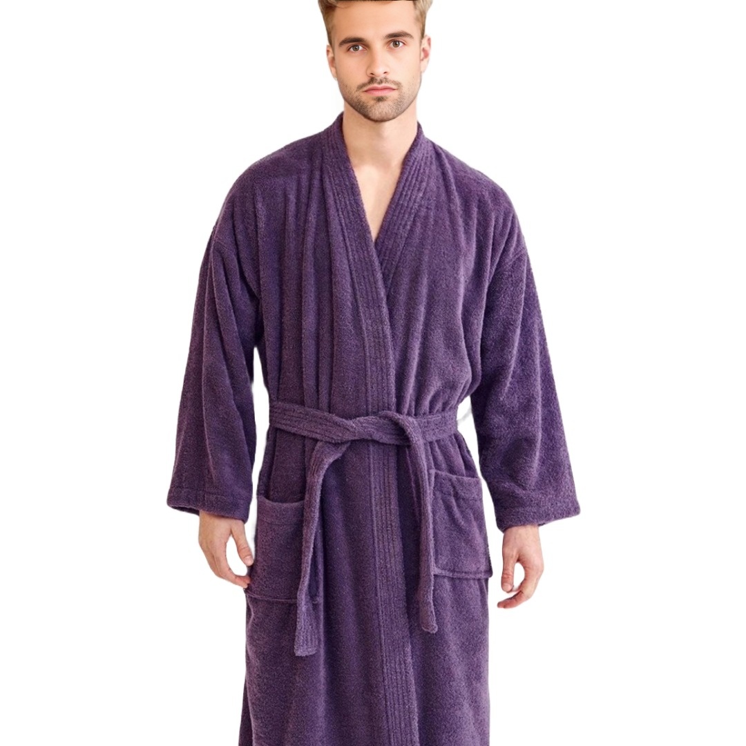 Unisex Men's Terry Cotton Eggplant Purple Bathrobe (One Size) view 3