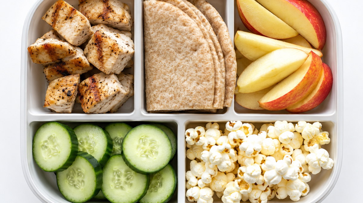 School lunch formula with chicken, pita, apple slices, cucumber rounds, and popcorn